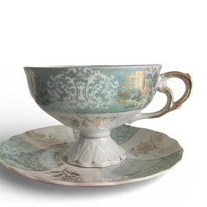 Vintage Lusterware Iridescent Tea Cup & Saucer  White Aqua & Gold